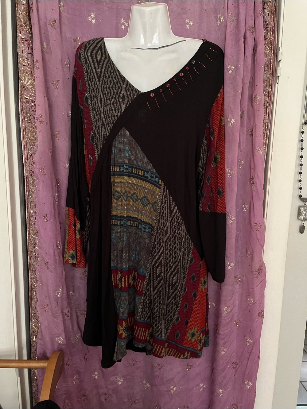 Parsley & Sage Black Tunic with Red & Multicolor Patchwork
